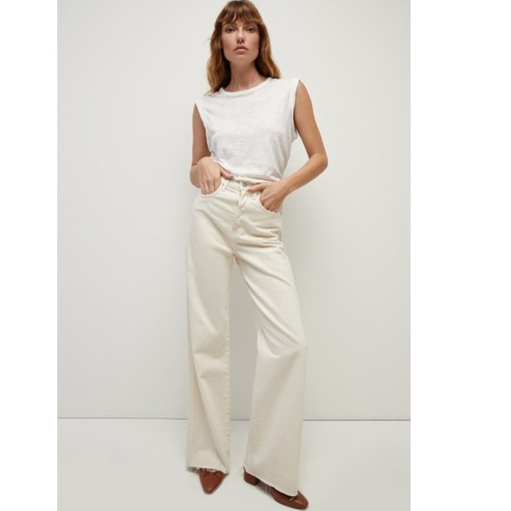 Veronica Beard Taylor Wide Leg High Rise Ecru Jeans Raw Hem Neutral Size 27